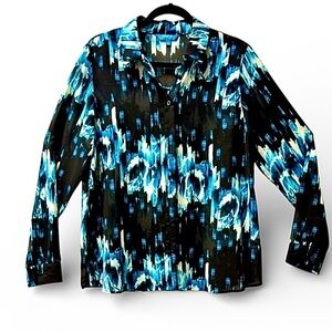 Derek Lam DesigNation Abstract Blue & Black Button Down Blouse Size L Casual